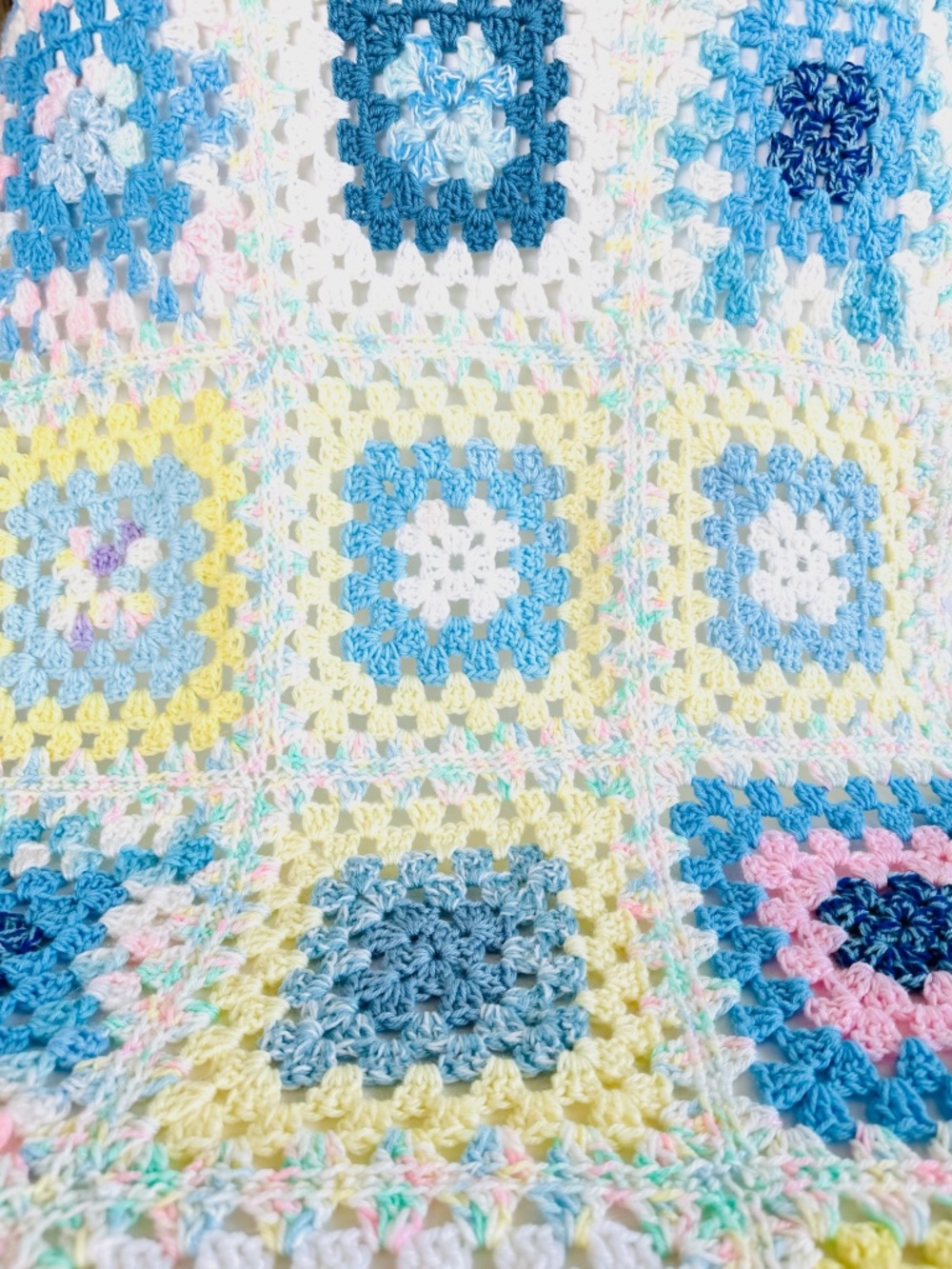 Handmade Baby Blanket Pastel Blue White Open Weave Crochet 54x38 Granny Square